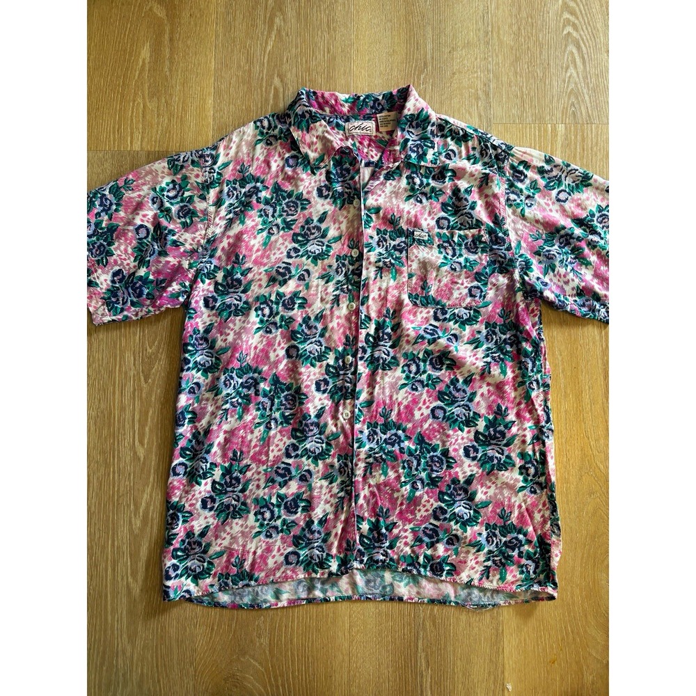 VTG 80s Chic Brand Womens Pastel Floral Button Down Camp Shirt 100% Cotton L